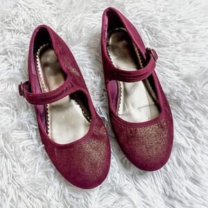 LANDS END • Burgundy + Gold Glitter Shimmer Buckle Strap Mary Jane Shoes